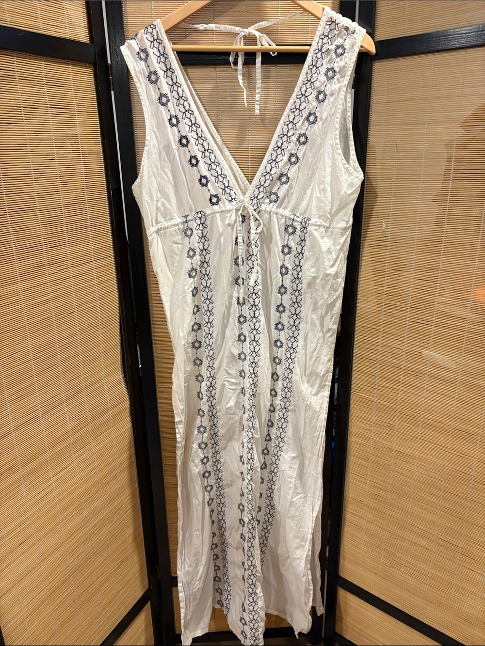 White V-Neck Embroidered Swim Coverup with Navy Trim